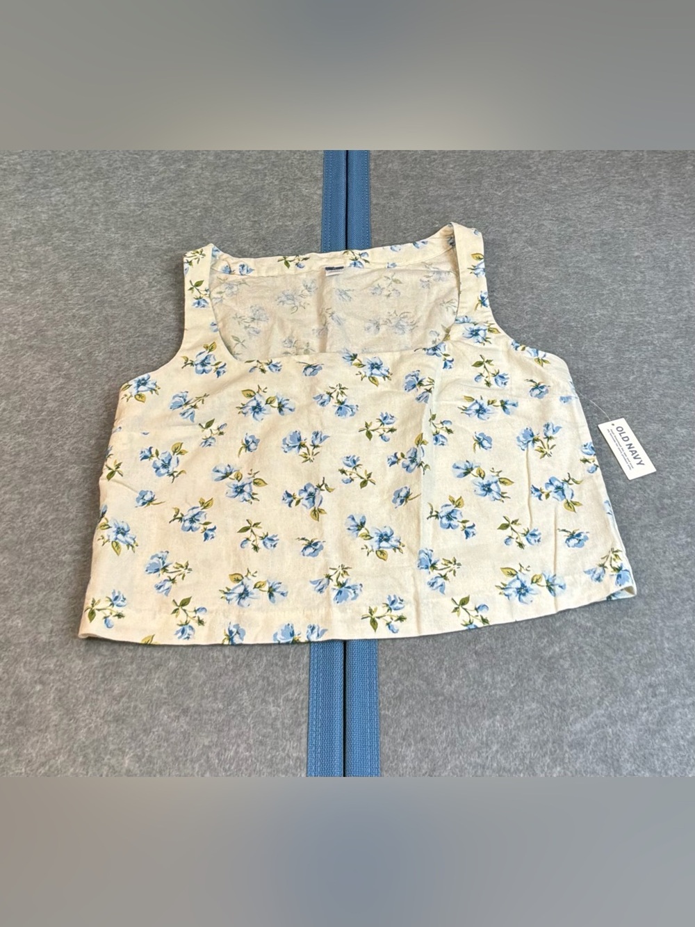 NWT Old Navy Cream Blue Floral Linen Square Neck Cropped Tank Top Women’s M